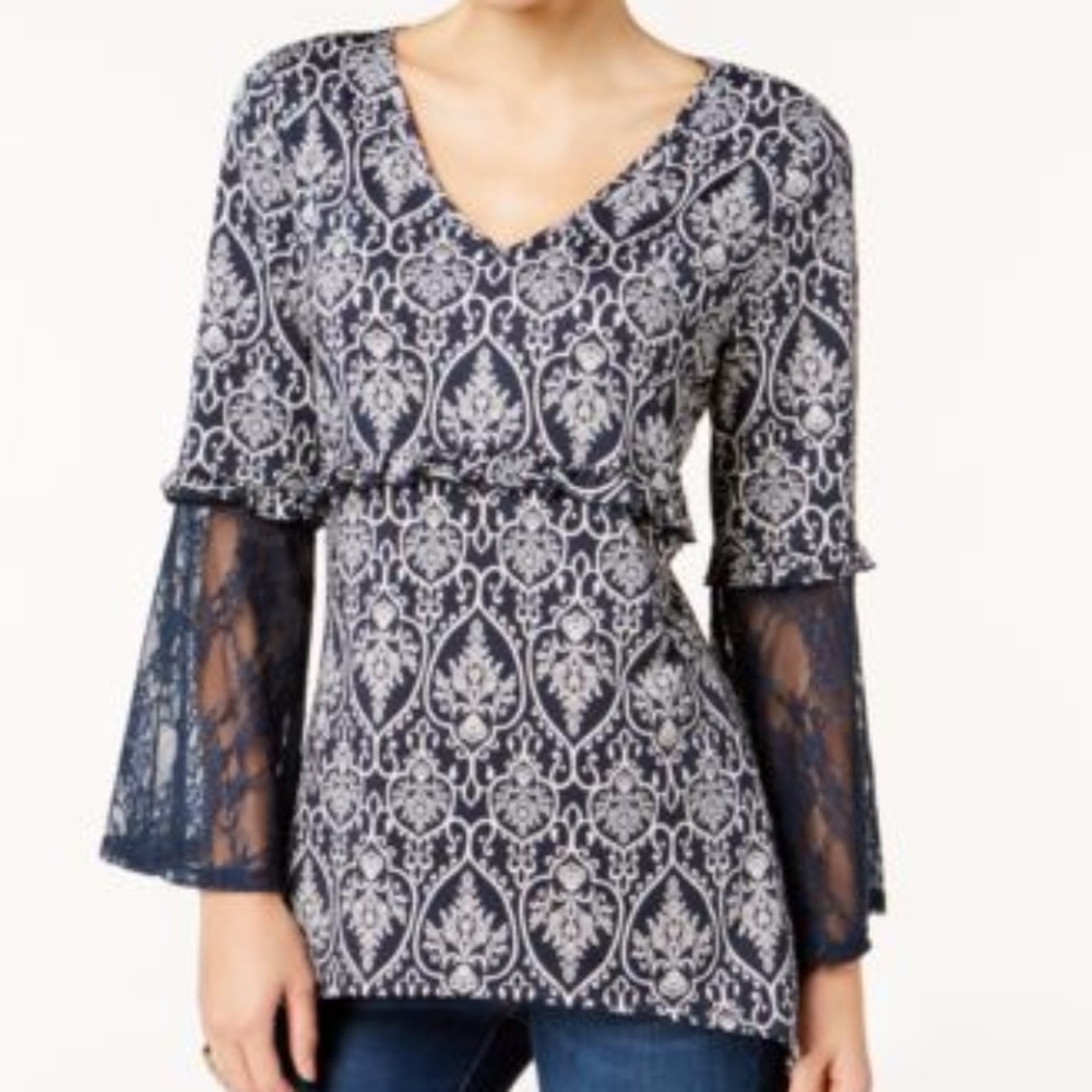 NY Collection Printed Lace-Sleeve Top Black Forkla